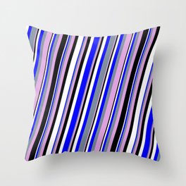 [ Thumbnail: Blue, Light Slate Gray, Plum, Black & White Colored Stripes/Lines Pattern Throw Pillow ]