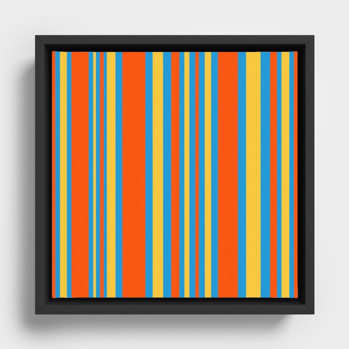 Retro Modern Vertical Stripe Pattern Orange Blue Yellow Framed Canvas