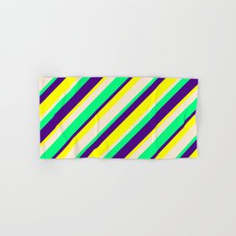 [ Thumbnail: Indigo, Yellow, Beige & Green Colored Pattern of Stripes Hand & Bath Towel ]