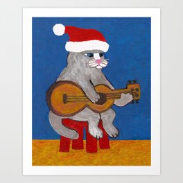 Christmas Cat Playing a Guitar and Wearing a Santa Hat Art Print