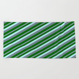 [ Thumbnail: Turquoise, Slate Gray, and Dark Green Colored Striped Pattern Beach Towel ]