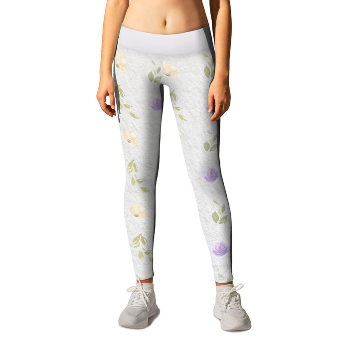Lilac green hand painted floral leaves pattern Leggings