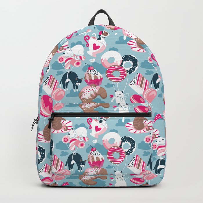 Pastel café sweet cats love dream // pastel blue background fuchsia pink pastry details Backpack