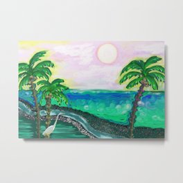Tropical Ocean View with Egret Metal Print