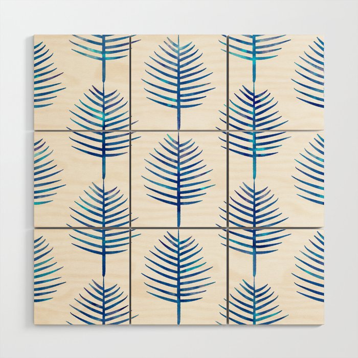 Watercolor Palm Leaves Blue and White Wood Wall Art