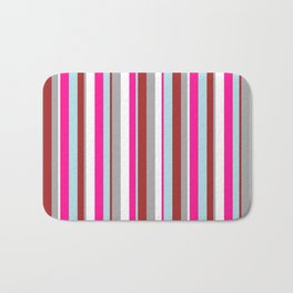 [ Thumbnail: Eye-catching White, Dark Gray, Brown, Powder Blue & Deep Pink Colored Lines/Stripes Pattern Bath Mat ]