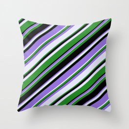 [ Thumbnail: Purple, Lavender, Forest Green & Black Colored Stripes Pattern Throw Pillow ]