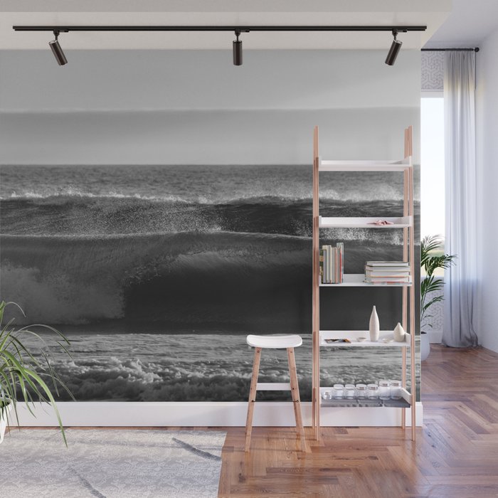 Beach Adventure Summer Waves at Sunset Black and White Wall Mural