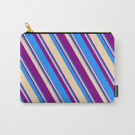 [ Thumbnail: Blue, Tan, and Purple Colored Striped Pattern Carry-All Pouch ]