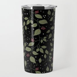 Leafy berry branches pattern with white dots in black background Travel Mug