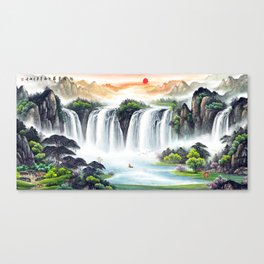 Chinese Feng Shui - Mountains and Waterfall Canvas Print