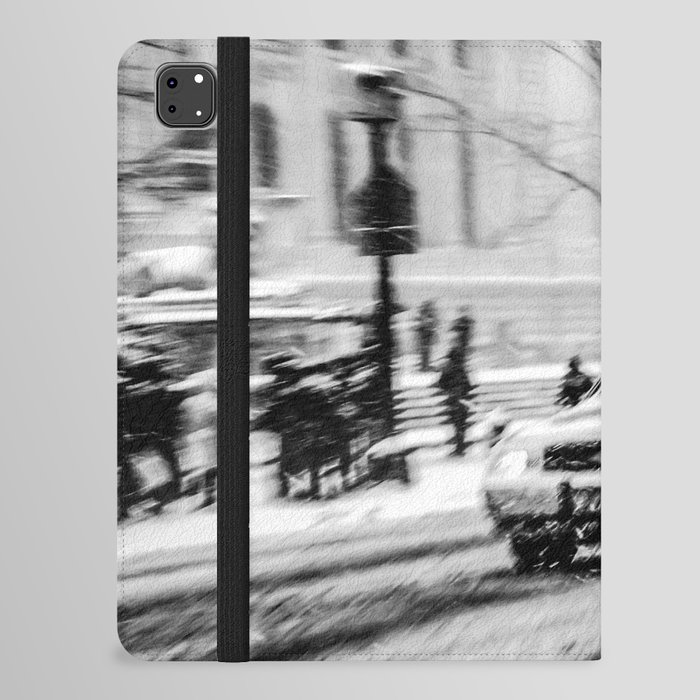 New York City yellow taxi during winter snowstorm blizzard in Manhattan black and white iPad Folio Case