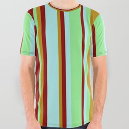 [ Thumbnail: Light Green, Dark Goldenrod, Dark Red, and Turquoise Colored Lines/Stripes Pattern All Over Graphic Tee ]