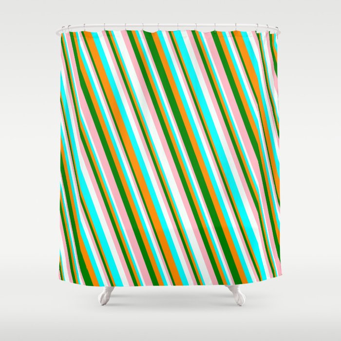 Vibrant Dark Orange, Green, Light Pink, Mint Cream, and Aqua Colored Striped/Lined Pattern Shower Curtain