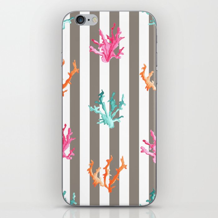 Colorful Coral Reef on Pale Brown Stripes iPhone Skin