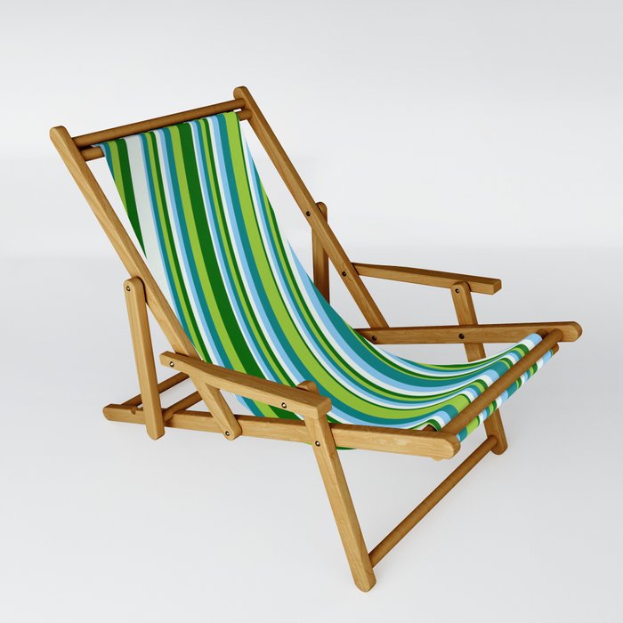 Light Sky Blue, Teal, Green, Dark Green, and Mint Cream Colored Striped Pattern Sling Chair