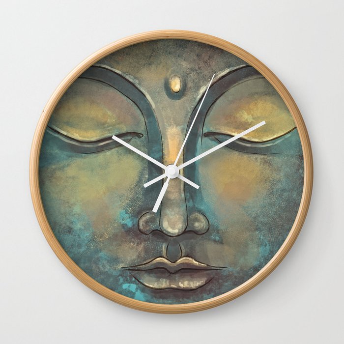 Rusty Golden Copper Buddha Face Watercolor Painting Wall Clock