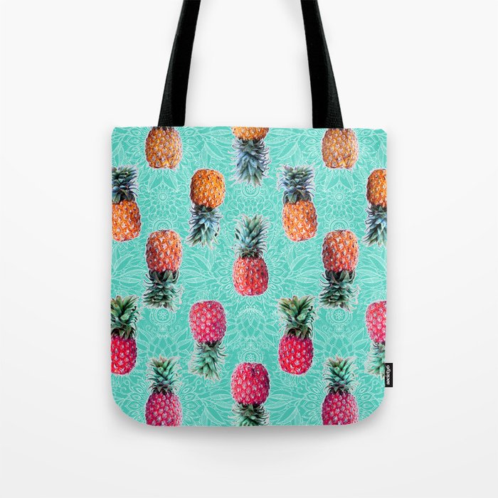 From Pineapple to Pink - tropical doodle pattern on mint Tote Bag by ...
