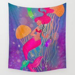 Mermaid Playing the Violin with fishes Wall Tapestry