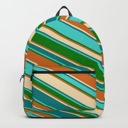 [ Thumbnail: Colorful Tan, Teal, Turquoise, Green, and Chocolate Colored Lines Pattern Backpack ]