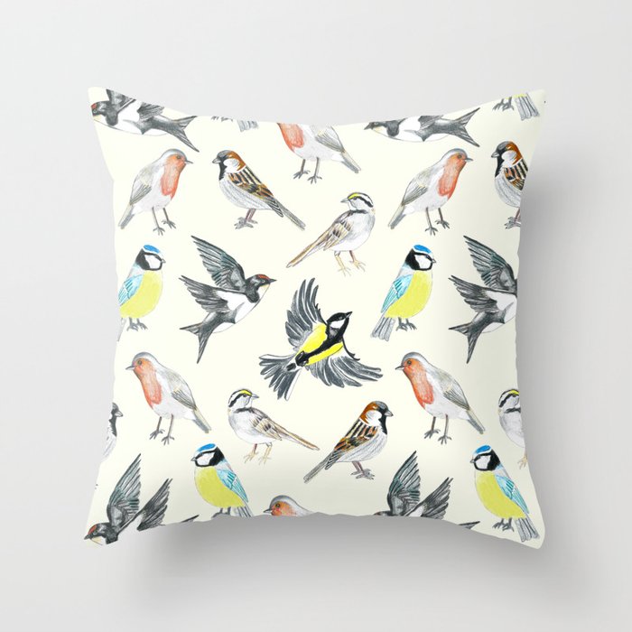 Illustrated Birds Throw Pillow
