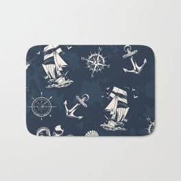 Nautical Bath Mat | Anchor, Rosewind, Fish, Ship, Lobster, Vintage, Pattern, Nautical, Sea, Graphicdesign 