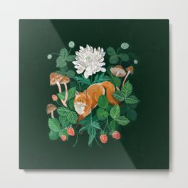 Strawberry Fox Metal Print | Autumn, Fall, Leaves, Foliage, Dahlia, Garden, Gouache, Nature, Watercolor, Animal 