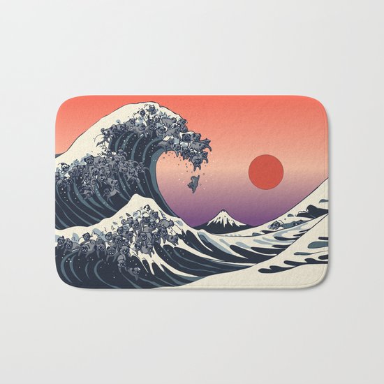 The Great Wave of Black Pug Bath Mat