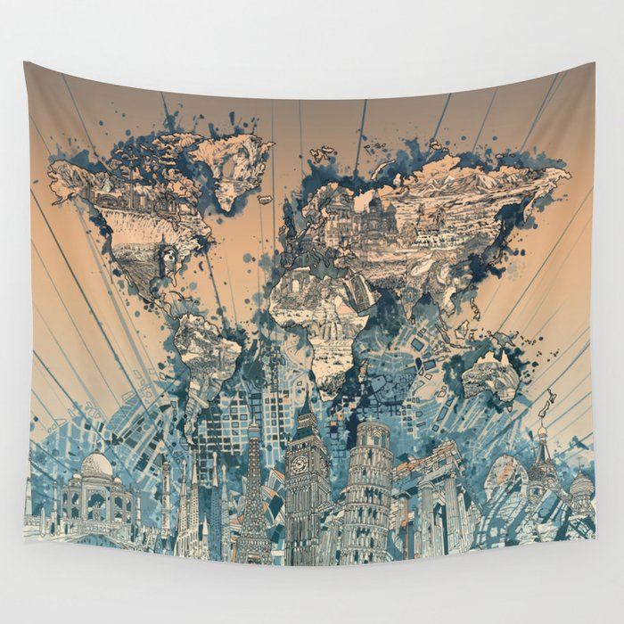world map city skyline Wall Tapestry by Bekim ART Society6