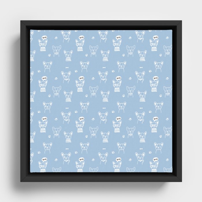 Pale Blue and White Hand Drawn Dog Puppy Pattern Framed Canvas