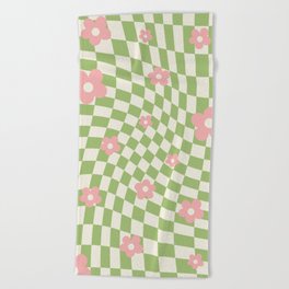Green Pink Checkered Floral Beach Towel