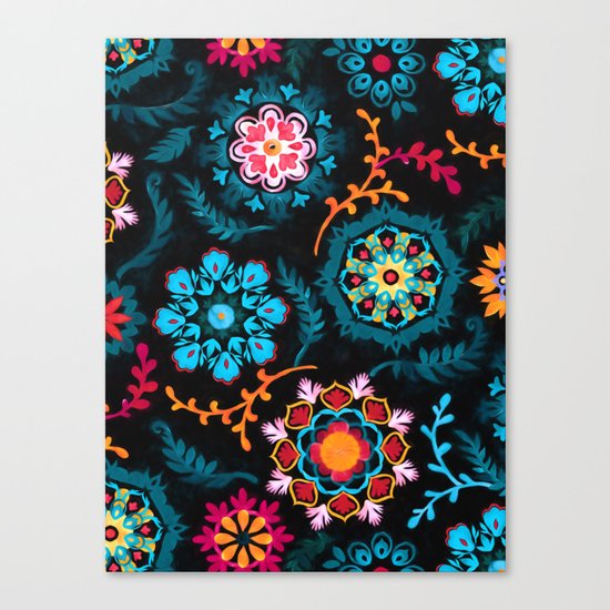 Suzani Inspired Pattern on Black Canvas Print