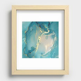 Aquamarine + Gold Abstract Hazy Swirl Recessed Framed Print