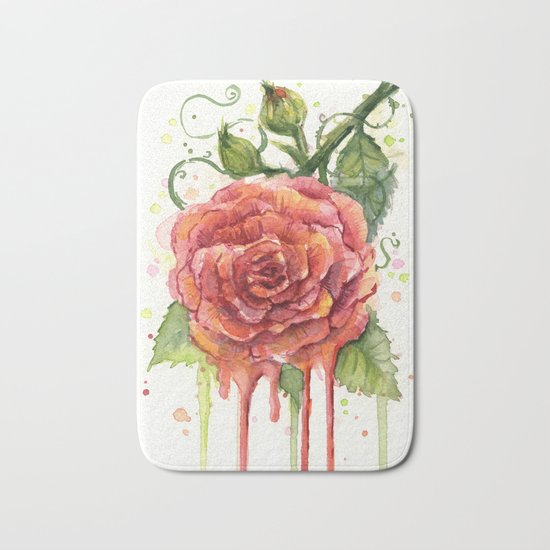 Red Rose Dripping Watercolor Flower Bath Mat