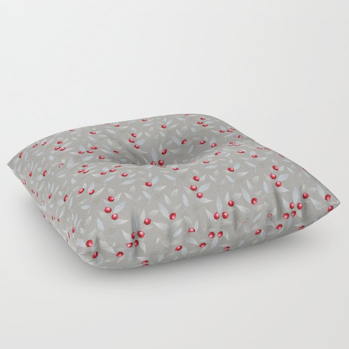 Red berries and grey silver small foliage leaves pattern Floor Pillow