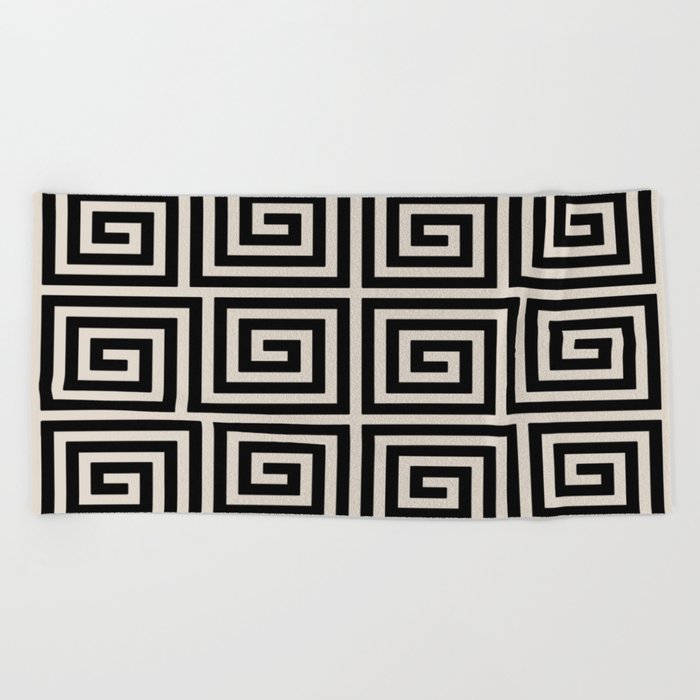 Greek Key Pattern 123 Black and Linen White Beach Towel