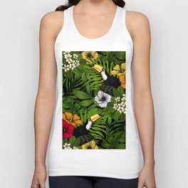 Toucans and tropical flora, green, yellow, red and orange Unisex Tank Top