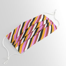 [ Thumbnail: Eye-catching Orange, Violet, Brown, White & Black Colored Striped/Lined Pattern Face Mask ]