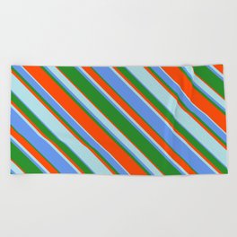 [ Thumbnail: Cornflower Blue, Forest Green, Red, and Powder Blue Colored Lines Pattern Beach Towel ]