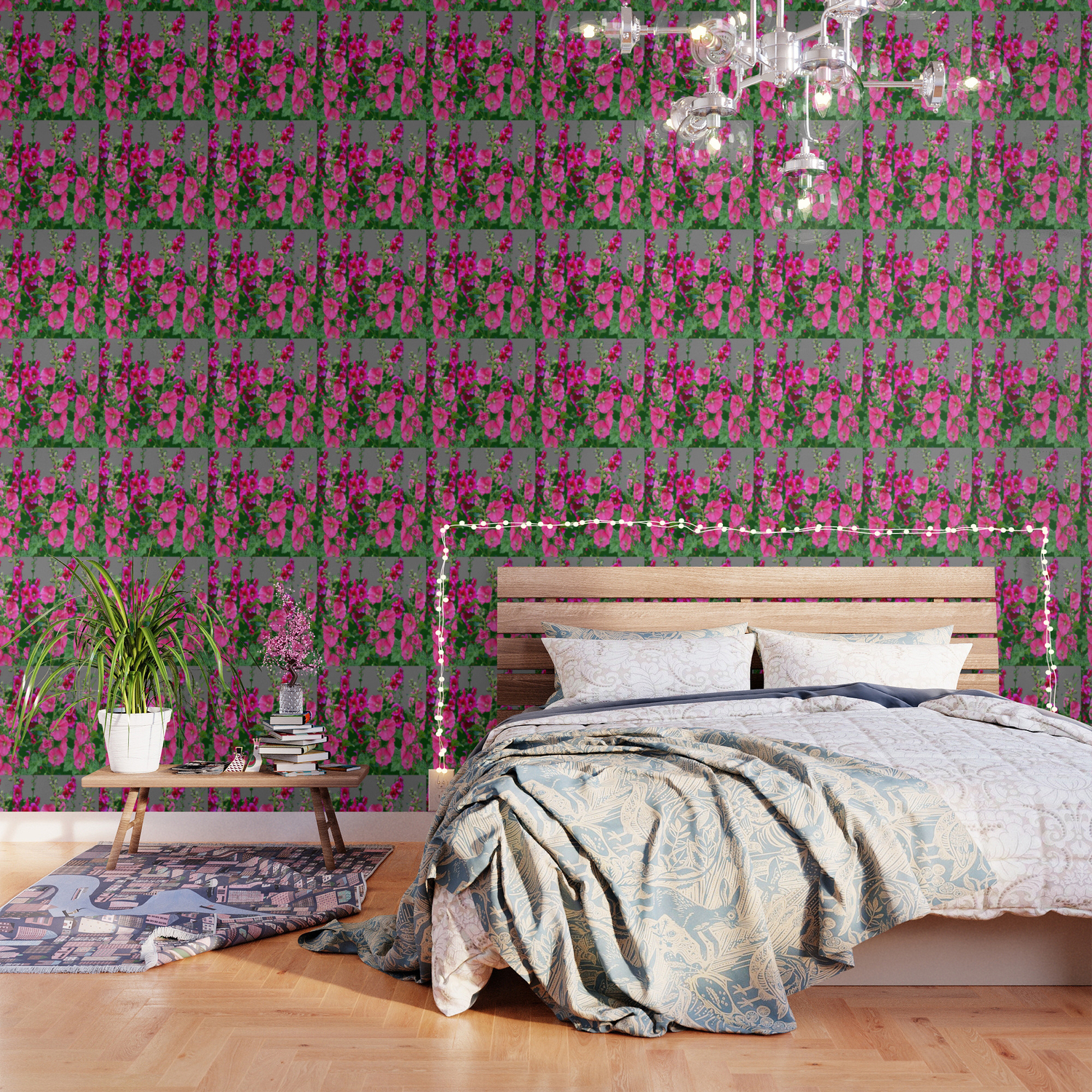 English Cottage Pink Hollyhocks Green Grey Garden Wallpaper By