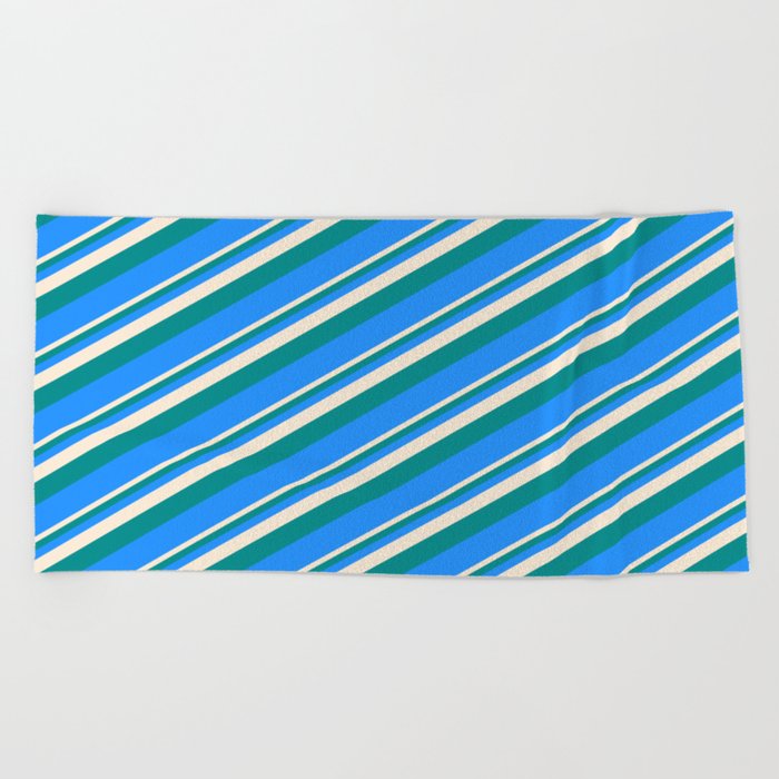 Beige, Dark Cyan, and Blue Colored Lined Pattern Beach Towel