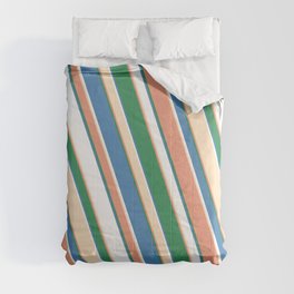 [ Thumbnail: Eye-catching Dark Salmon, Sea Green, Blue, White, and Bisque Colored Stripes Pattern Comforter ]