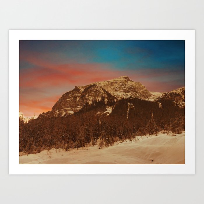 Sunset over the snowy mountains Art Print