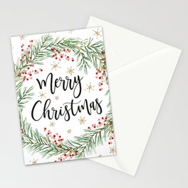 Merry Christmas wreath with red berries Stationery Card