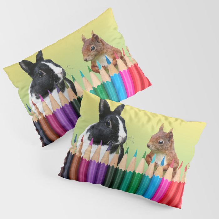 Colored Pencils - Squirrel & black and white Bunny - Rabbit Pillow Sham