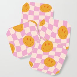 Groovy Smiley Faces on Pastel Pink Twisted Checkerboard Coaster