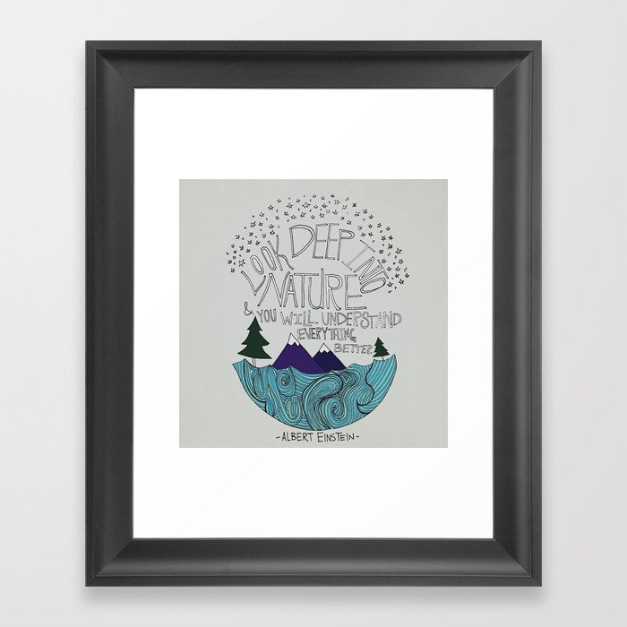 Look Deep into Nature - Ocean Mountain Illustration and Typography Framed Art Print