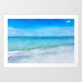 Beach in Teal Aqua Turquoise Blue with Tropical Ocean Waves, Sand and White Clouds Art Print