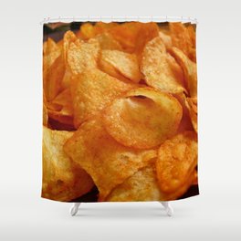 Close up of juicy, crispy, chips on black plate. Shower Curtain