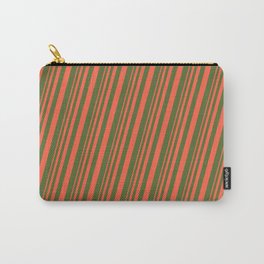 [ Thumbnail: Red and Dark Olive Green Colored Stripes Pattern Carry-All Pouch ]